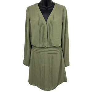 WHBM White House Black Market Green Long Sleeve V-Neck Pleat Blouson Button New